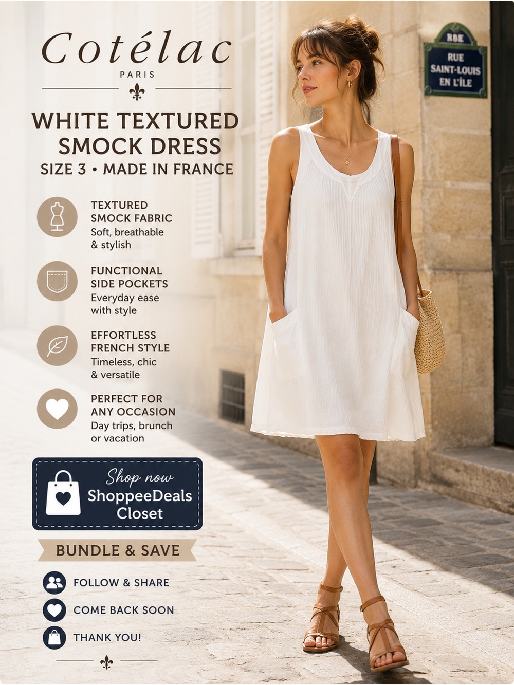 Cotélac White Textured Smock Sleeveless Dress – Size 3 – Made in France